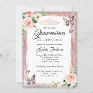 Blommig Rosa Guld Fjäril Glitter Quinceanera Inbjudningar
