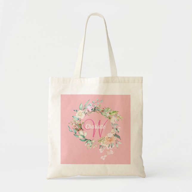Blommig Rosa Guld Script Monogram Rosa Totebag Tygkasse (Framsidan)