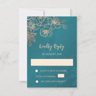 Blommig Rosa Guld Teal Bröllop RSVP OSA Kort