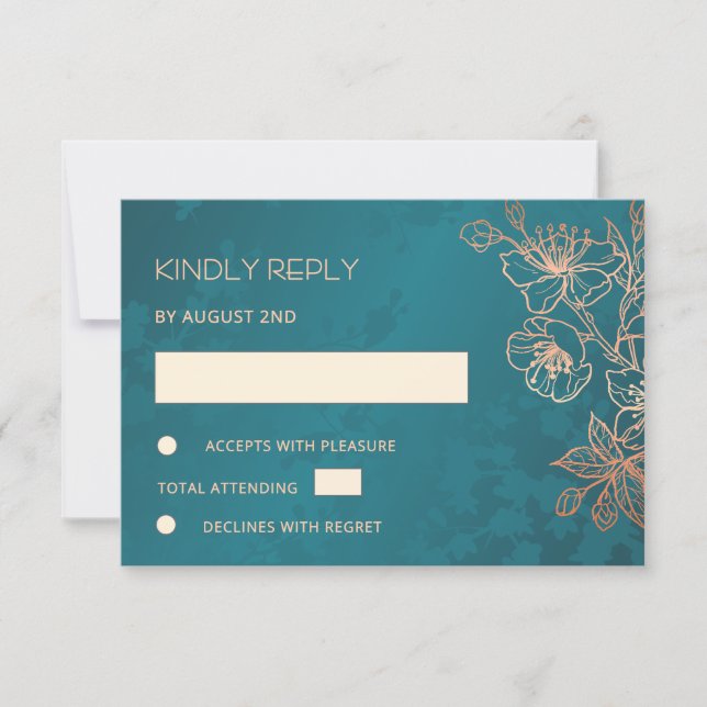 Blommig Rosa Guld Teal Bröllop RSVP OSA Kort (Framsida)
