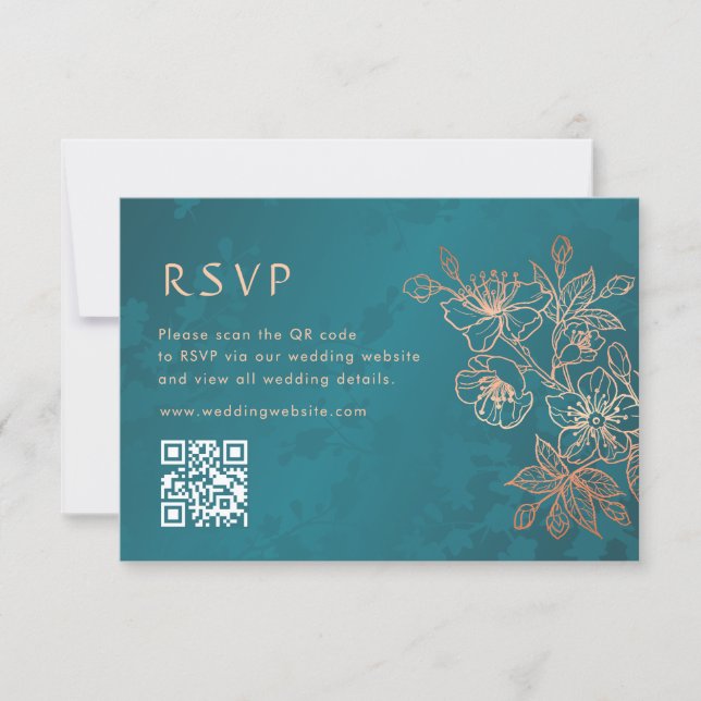 Blommig Rosa Guld Teal Bröllop RSVP OSA Kort (Framsida)
