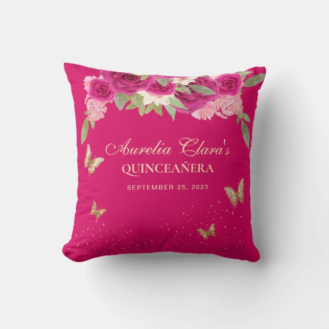 Blommig rosa guld tiara fjäril Quinceanera Kudde (Framsida)