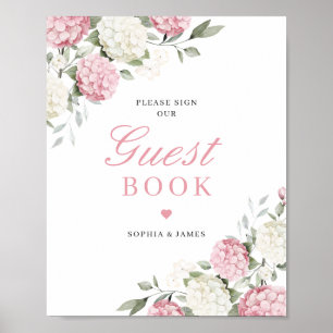 Blommig Rosa Hydrangea Grönska Bröllop Gästbok Poster