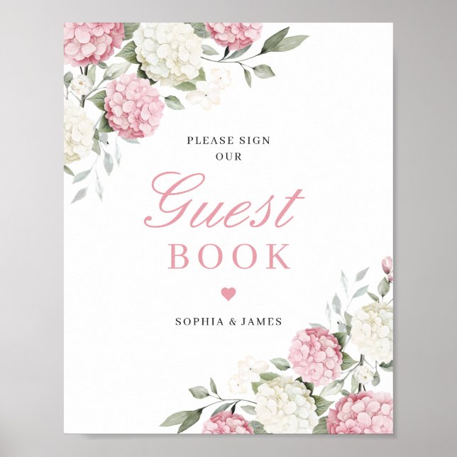 Blommig Rosa Hydrangea Grönska Bröllop Gästbok Poster (Framsidan)