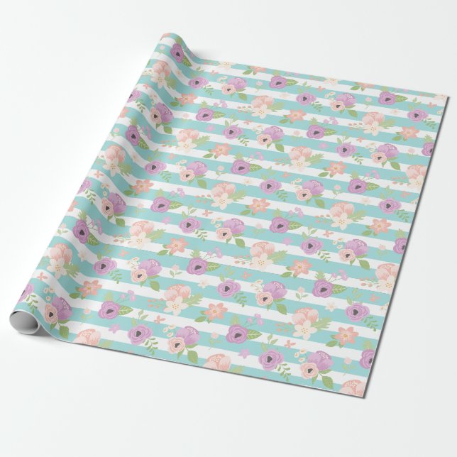 Blommig Rosa Lila Grönska Blå Ränder  Presentpapper (Utrullad)