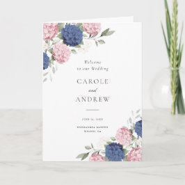 Blommig Rosa & Marinblå Hortensia Vikad Bröllop Program