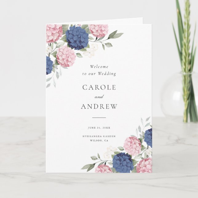 Blommig Rosa & Marinblå Hortensia Vikad Bröllop Program (Framsida)