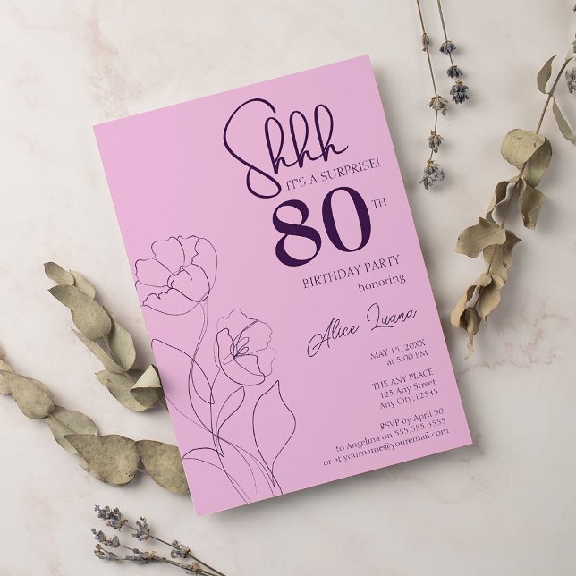 Blommig Rosa Mauve Överraskning 80-årsdag Inbjudningar (Skapare uppladdad)