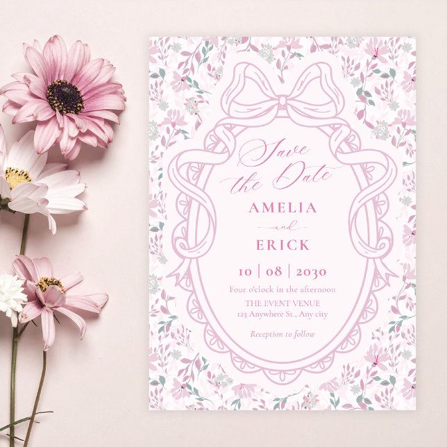 Blommig rosa mjuk vigselbåge spara datumet (Skapare uppladdad)