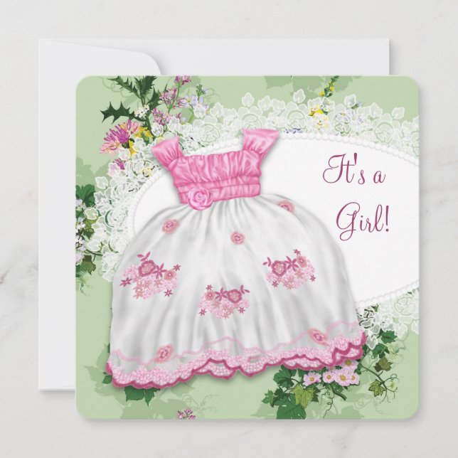 Blommig rosa och grön baby shower inbjudningar (Framsida)