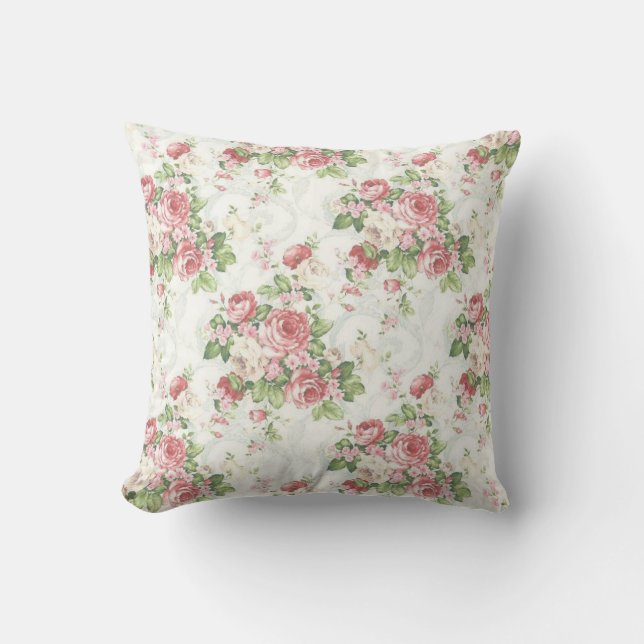 Blommig Rosa och Grön Kudde (Framsida)