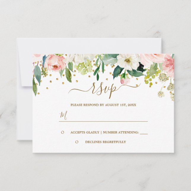 Blommig Rosa Persika Guld Konfetti RSVP OSA Kort (Framsida)