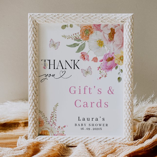 Blommig Rosa Present- och Kortbaby Shower-skylt Fototryck (Floral baby In Bloom Baby Shower Sign, Gifts and Cards Floral Baby Shower Sign, Flowers Butterflies)