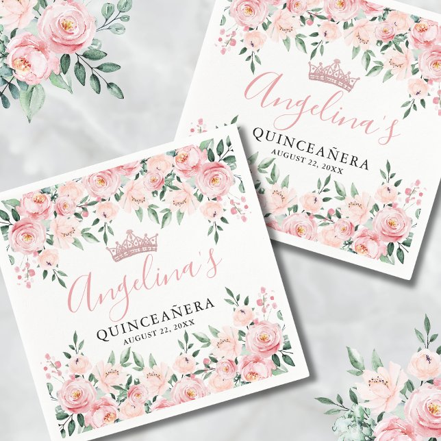 Blommig Rosa Quinceañera Pappersservett (Floral Pink Quinceañera Napkins)
