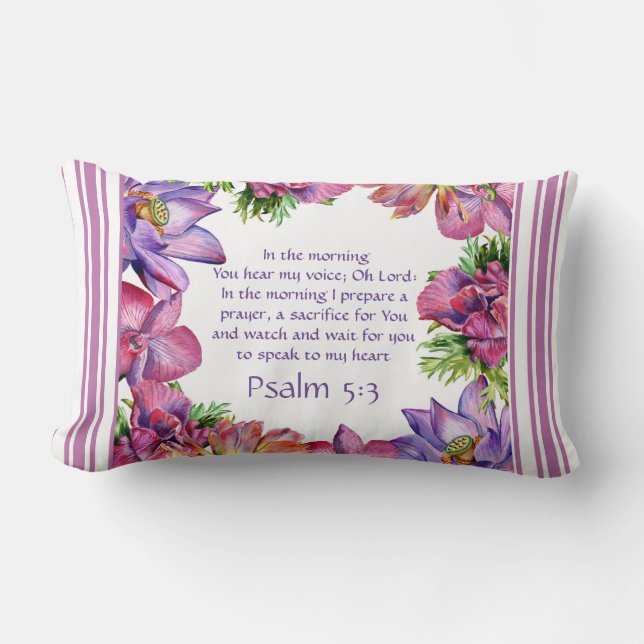 Blommig Rosa Randig Kudd Psalm 5:3 Vändbar Lumbarkudde (Framsida)