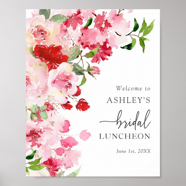 Blommig Rosa Röd Bröllops Luncheon Poster (Framsidan)