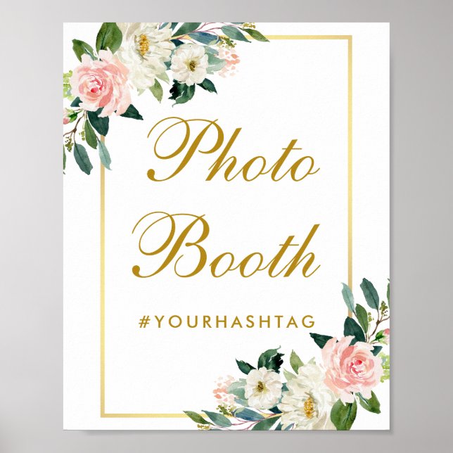 Blommig Rosa Rodnad Guld Bröllops Fotoautomat Poster (Framsidan)