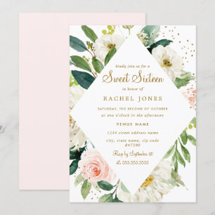 Blommig Rosa Rodnad Guld Sweet Sixteen Inbjudan