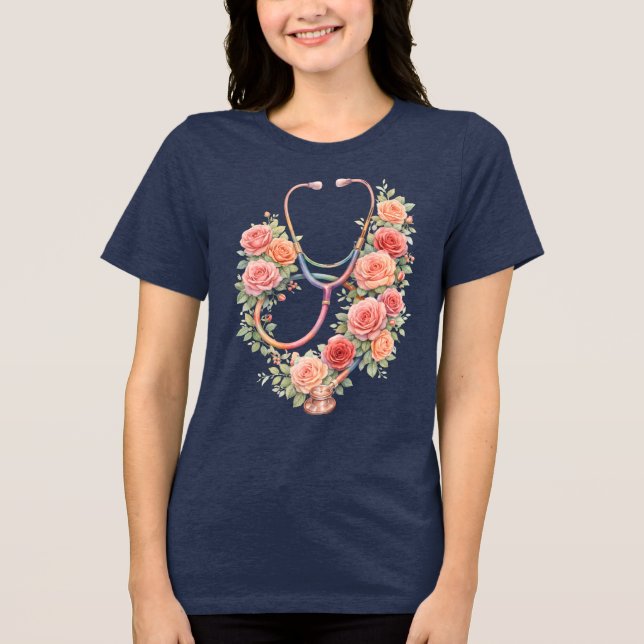 Blommig Rosa Ros Stetoskop  T Shirt (Framsida)