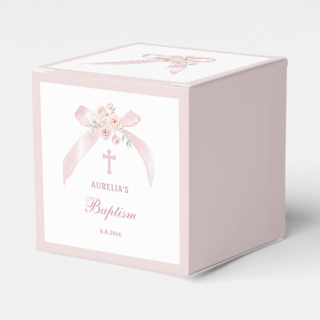 Blommig rosa rosett Dopkuber Presentaskar (Framsidan Sidan)