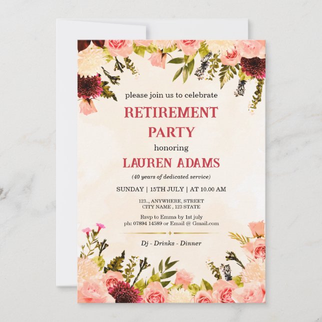 Blommig Rosa Rosor Pensionärsfest Inbjudan (Framsida)