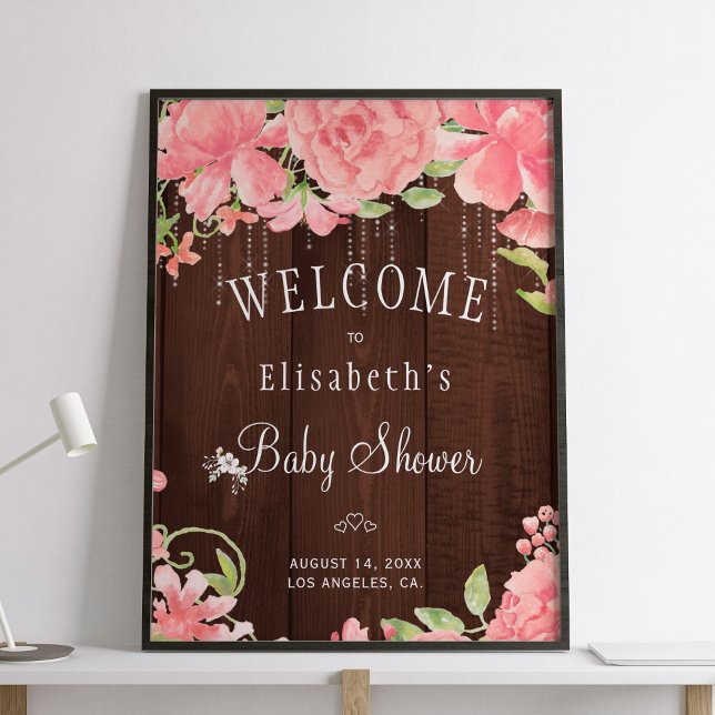 Blommig rosa rustik välkomstskylt för baby shower poster (Skapare uppladdad)