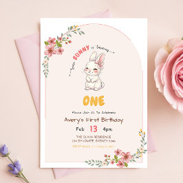 Blommig Rosa Rutig Kanin Flicka 1-årsdag Inbjudningar