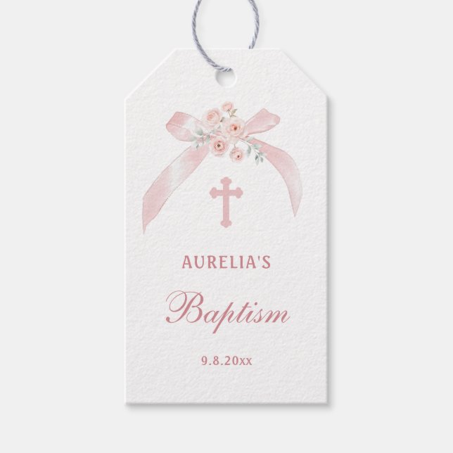 Blommig Rosa Slöja Dop Presentetikett (Framsidan)
