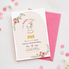 Blommig Rosa Söt Kanin 1-årsdag Inbjudningar