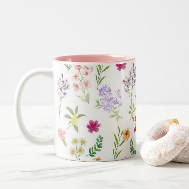 Blommig Rosa Vildblomma Botanisk Keramik Mugg (Med munk)