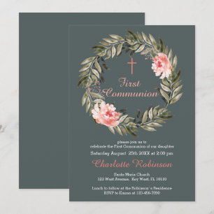 Blommig rosabränd grå kommunioninbjudan tack kort