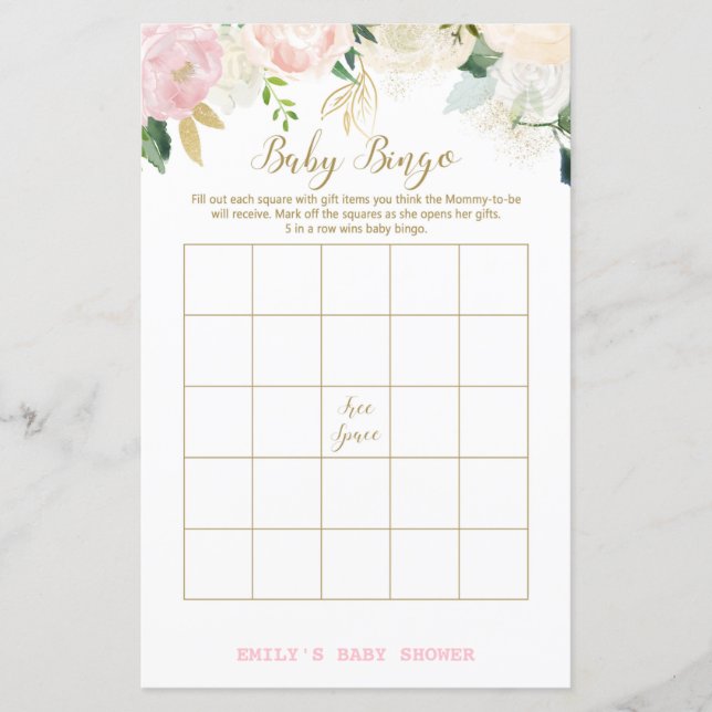 Blommig rosabruten rosa och guld baby shower spel  (Framsida)