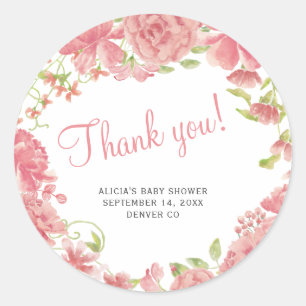 Blommig rosafärgad baby shower tack runt klistermärke