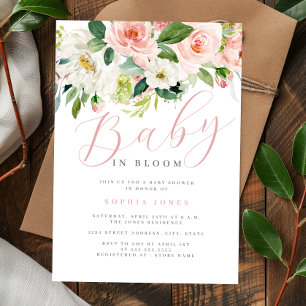 Blommig rosafärgad flicka Baby i blom Baby shower Inbjudningar