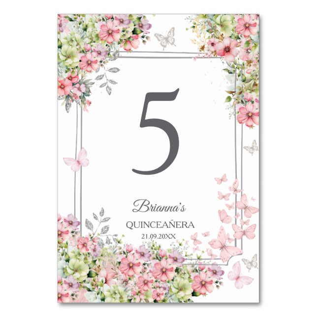 Blommig rosafärgad och grön fjäril Quinceañera  Bordsnummer (Framsidan)
