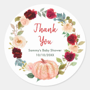Blommig rosafärgad pumpa baby shower tackkort runt klistermärke