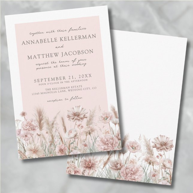 Blommig Rosaton Boho Bröllop Inbjudningar (Botanical Pampas Floral Blush Pink Boho Wedding Invitation)