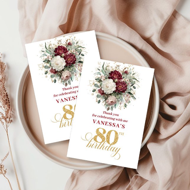Blommig rosé Burgunder 80-årsdag Tack-kort Tack Kort (Floral Blush Burgundy 80th Birthday Thank You Card)
