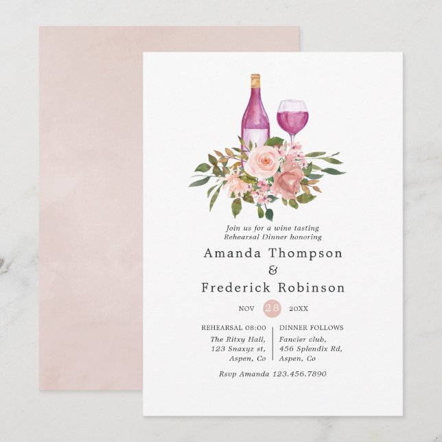 Blommig rosé & guld vinprovningsrepetitionsmiddag inbjudningar (Fram/baksida)