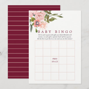 Blommig rosé och burgunder Baby Shower Baby Bingo Inbjudningar