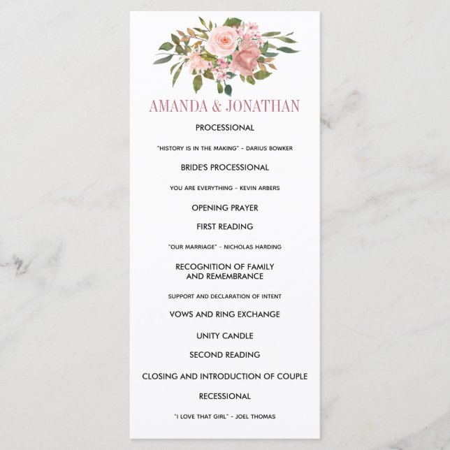 Blommig rosé och roséguld bröllopsprogram program (Framsida)