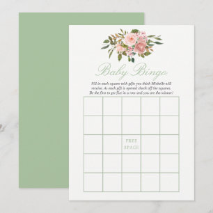 Blommig rosé och salvia baby shower baby bingo inbjudningar