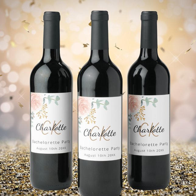 Blommig roséguld monogram Senterparty Vinflaska Etikett (Skapare uppladdad)