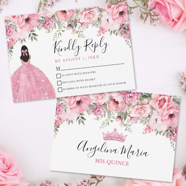 Blommig Rosenskär Quinceanera-Svarskort OSA Kort (Floral Blush Pink Quinceanera RSVP )