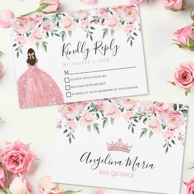 Blommig Rosenskär Quinceanera-Svarskort OSA Kort (Floral Blush Pink Quinceanera RSVP Card)