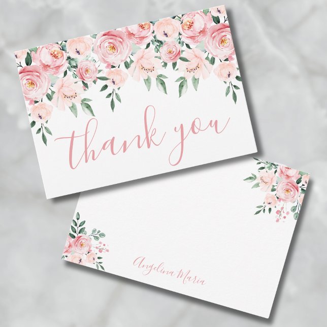 Blommig Rosenskär Quinceañera Tack Kort (Floral Blush Pink Quinceañera Thank You Card)