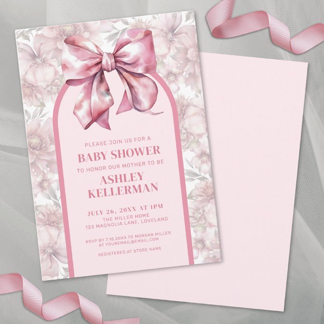Blommig rosett Rosa Flickbarnsvisning Inbjudningar (Floral Bow Pink Girl Baby Shower Invitation)