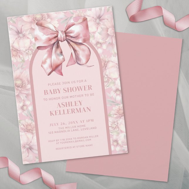 Blommig rosett Rosa Flickbarnsvisning Inbjudningar (Cute Pink Floral Girl Baby Shower Invitation)