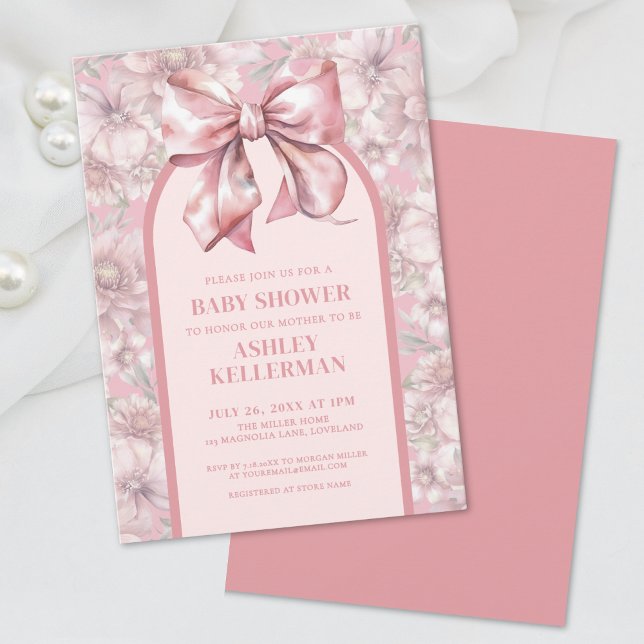 Blommig rosett Rosa Flickebarn Baby Shower Inbjuda Inbjudningar (Floral Bow Pink Girl Baby Shower Invitation)