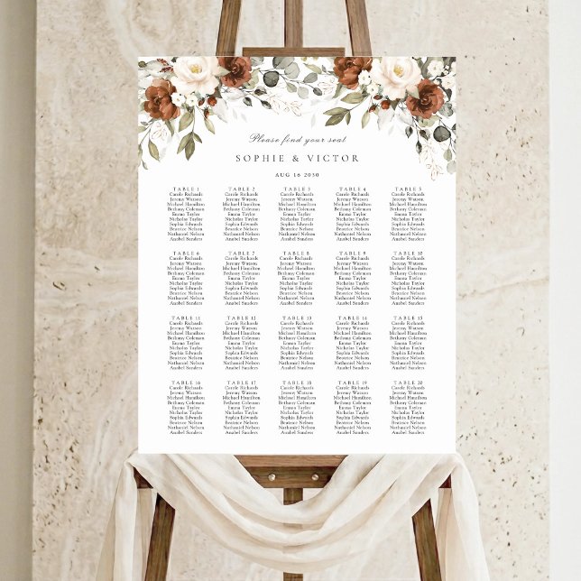 Blommig Rost Vit 20 Bord Bröllops Sittplan Poster (Skapare uppladdad)
